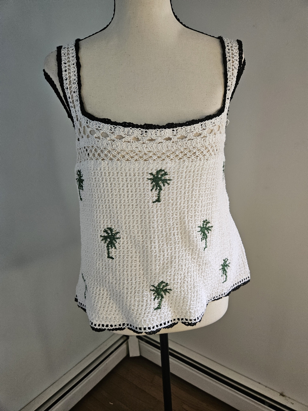Hand-Crocheted White Palm-Embroidered Cami with Black Trim